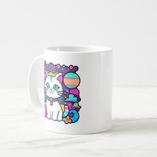 Niedliche weiße kosmische Weltraumkatze Kaffeetasse (Vorderseite Links)