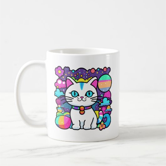 Niedliche weiße kosmische Weltraumkatze Kaffeetasse (Links)