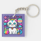 Niedliche weiße kosmische Weltraumkatze Schlüsselanhänger (Rückseite)