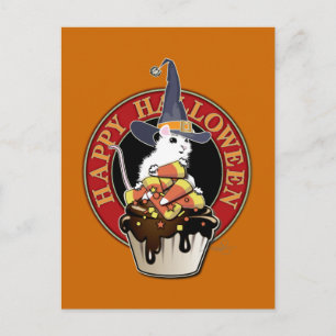 Niedliche Weiße Maus mit Halloween-Leckereien Postkarte