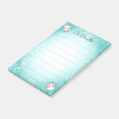 Niedliche weiße Mäuse auf türkis-weiß gesäumten Post-it Klebezettel (angewinkelt)