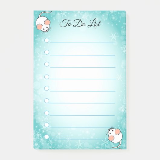 Niedliche weiße Mäuse auf türkis-weiß gesäumten Post-it Klebezettel (Vorderseite)