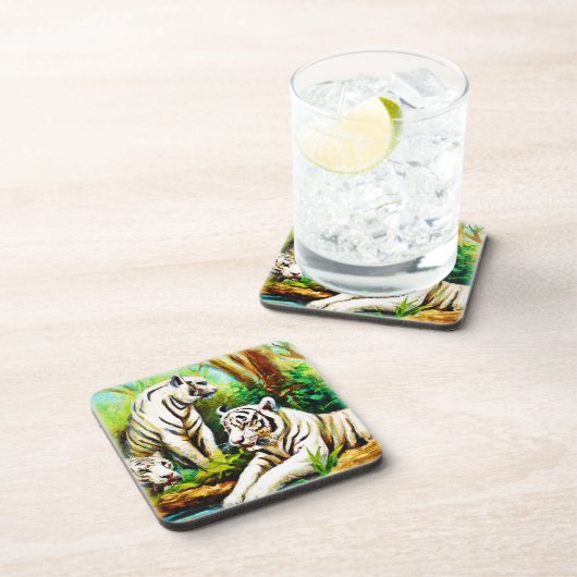 Niedliche weiße Tiger im Dschungel. Jetzt kaufen Getränkeuntersetzer (Rechte Seite)