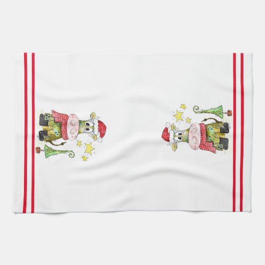 Niedliche weiße Weihnachtskuh Geschirrtuch (Horizontal)