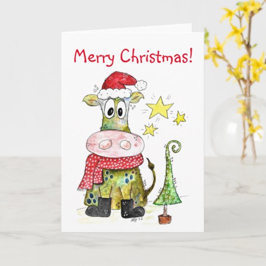 Niedliche weiße Weihnachtskuh Karte (Gelbe Blume)