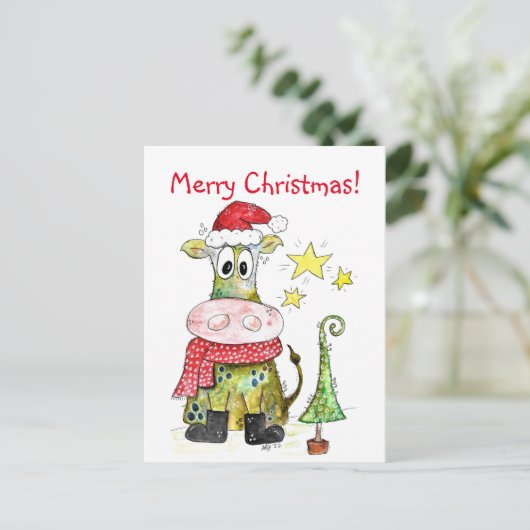 Niedliche weiße Weihnachtskuh Postkarte (Stehend Vorderseite)
