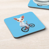 Niedliche, weiße Ziege auf dem Fahrrad Getränkeuntersetzer (Linke Seite)