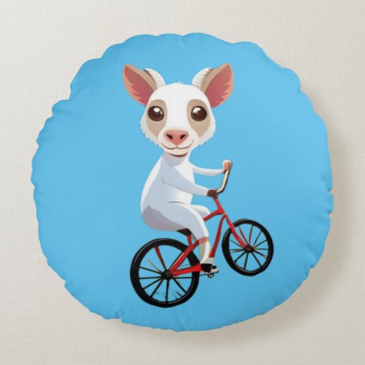 Niedliche, weiße Ziege auf dem Fahrrad Rundes Kissen (Vorderseite)