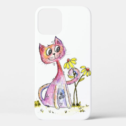 Niedliche weißfarbige rosa Katze mit gelben Blumen Case-Mate iPhone Hülle (Rückseite)