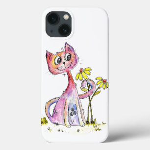 Niedliche weißfarbige rosa Katze mit gelben Blumen Case-Mate iPhone Hülle