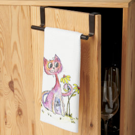 Niedliche weißfarbige rosa Katze mit gelben Blumen Geschirrtuch