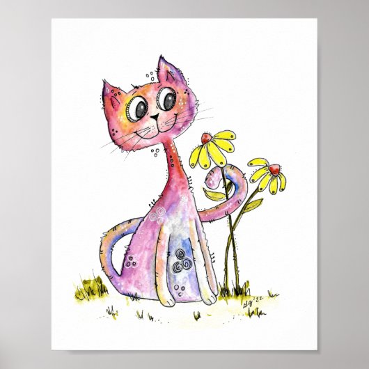 Niedliche weißfarbige rosa Katze mit gelben Blumen Poster (Vorne)