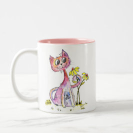 Niedliche weißfarbige rosa Katze mit gelben Blumen Zweifarbige Tasse