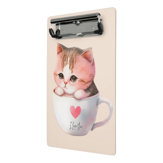 Niedliche weißrosa Katze im Tea Cup (2) Mini Klemmbrett (Gewinkelt2)