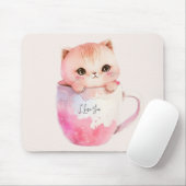 Niedliche weißrosa Katze im Tea Cup (2) Mousepad (Mit Mouse)