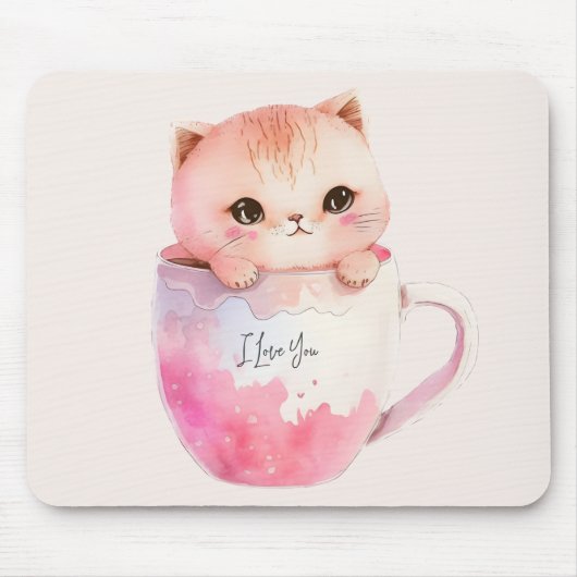 Niedliche weißrosa Katze im Tea Cup (2) Mousepad (Vorne)