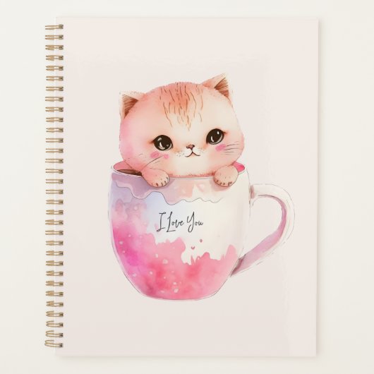 Niedliche weißrosa Katze im Tea Cup (2) Planer (Vorderseite)