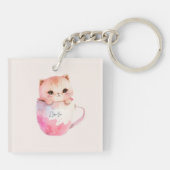Niedliche weißrosa Katze im Tea Cup (2) Schlüsselanhänger (Rückseite)