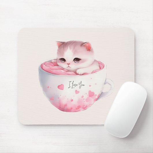Niedliche weißrosa Katze im Tea Cup (3) Mousepad (Mit Mouse)