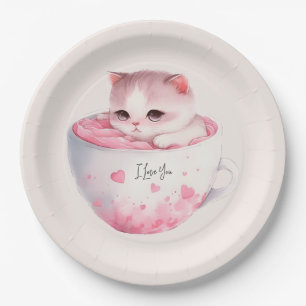 Niedliche weißrosa Katze im Tea Cup (3) Pappteller
