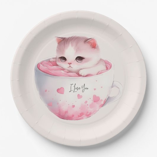 Niedliche weißrosa Katze im Tea Cup (3) Pappteller (Vorderseite)