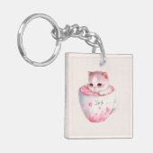 Niedliche weißrosa Katze im Tea Cup (3) Schlüsselanhänger (Vorderseite links)