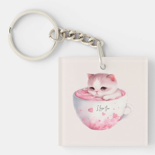 Niedliche weißrosa Katze im Tea Cup (3) Schlüsselanhänger (Vorderseite)