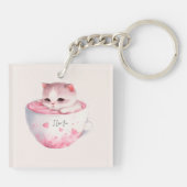 Niedliche weißrosa Katze im Tea Cup (3) Schlüsselanhänger (Rückseite)