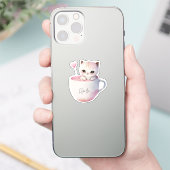 Niedliche weißrosa Katze im Tea Cup (4) Aufkleber (Telefon)