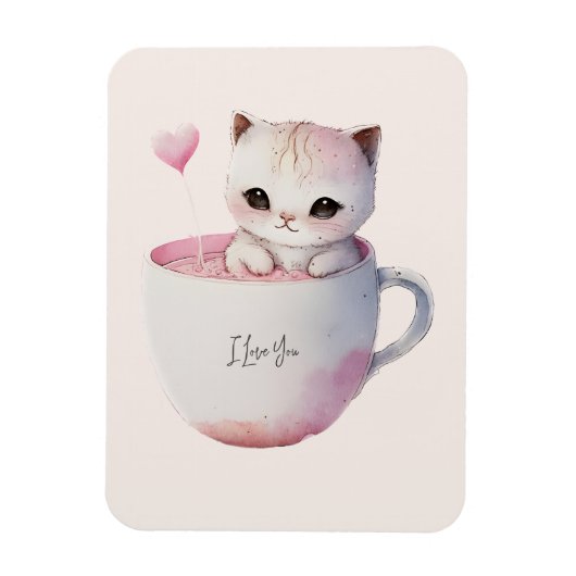 Niedliche weißrosa Katze im Tea Cup (4) Magnet (Vertikal)