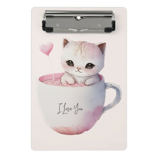 Niedliche weißrosa Katze im Tea Cup (4) Mini Klemmbrett (Vorderseite)