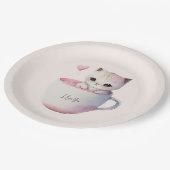 Niedliche weißrosa Katze im Tea Cup (4) Pappteller (Schrägansicht)