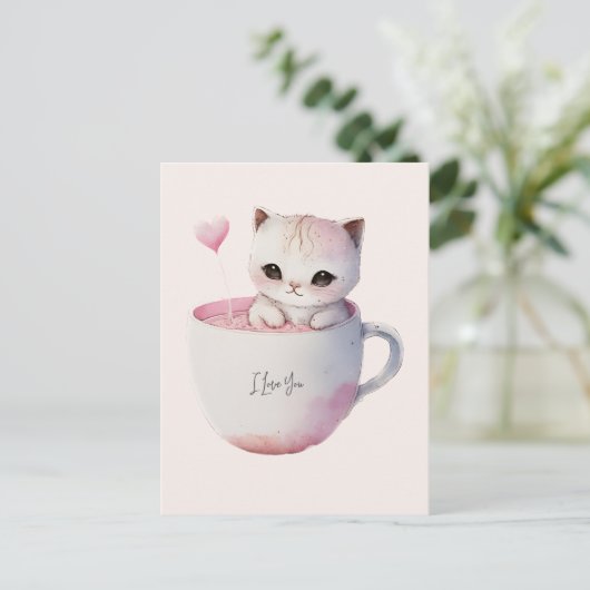Niedliche weißrosa Katze im Tea Cup (4) Postkarte (Stehend Vorderseite)