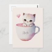 Niedliche weißrosa Katze im Tea Cup (4) Postkarte (Vorne/Hinten)
