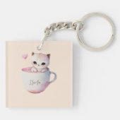 Niedliche weißrosa Katze im Tea Cup (4) Schlüsselanhänger (Rückseite)