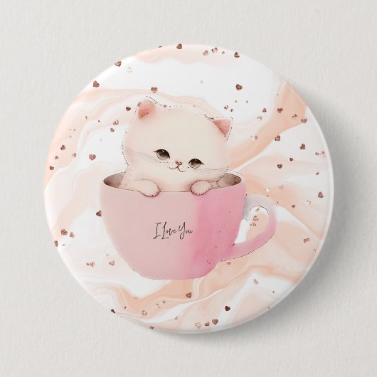 Niedliche weißrosa Katze im Teecup Button (Vorderseite)