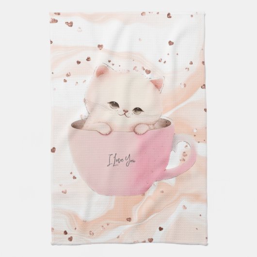 Niedliche weißrosa Katze im Teecup Geschirrtuch (Vertikal)