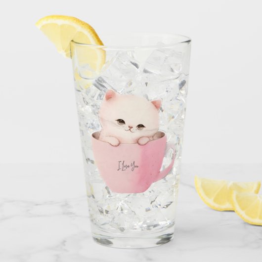 Niedliche weißrosa Katze im Teecup Glas (Vorderseite Ice)