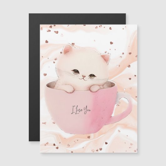 Niedliche weißrosa Katze im Teecup Magnetkarte (Vorne/Hinten)