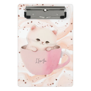 Niedliche weißrosa Katze im Teecup Mini Klemmbrett