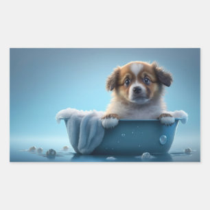 Niedliche Welpe in Blue Bath Tube Rechteckiger Aufkleber
