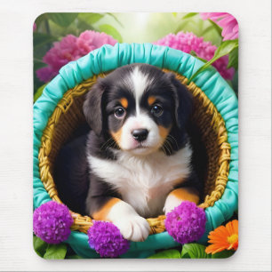 Niedliche Welpe in einem Korb Mousepad