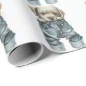 Niedliche Welpe in Jeans Art Geschenkpapier (Rolleneckpunkt)