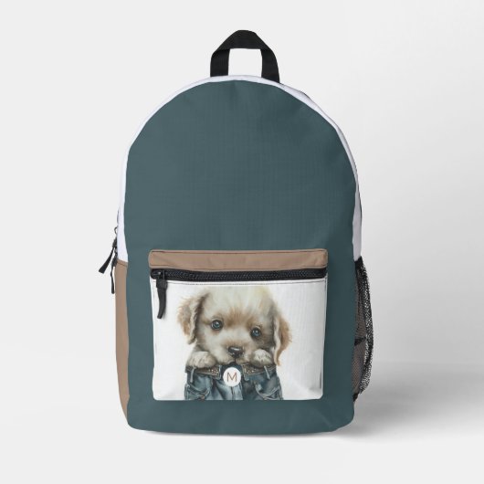 Niedliche Welpe in Jeans Art Monogram Bedruckter Rucksack (Vorderseite)