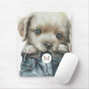Niedliche Welpe in Jeans Art Monogram Mousepad