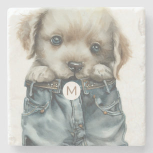 Niedliche Welpe in Jeans Art Monogram Steinuntersetzer