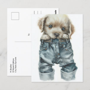 Niedliche Welpe in Jeans Art Postkarte