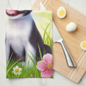 Niedliche Welpe mit Blüten und Schmetterlingen Geschirrtuch (Viertel Falte)