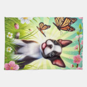 Niedliche Welpe mit Blüten und Schmetterlingen Geschirrtuch (Horizontal)