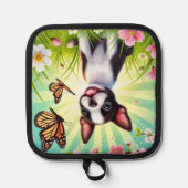 Niedliche Welpe mit Blüten und Schmetterlingen Topflappen (Vorderseite)